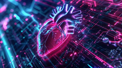 Digital heart rhythm pulsing through a cybernetic trek surrounded by eco friendly neon lights and quantum mysteries - obrazy, fototapety, plakaty