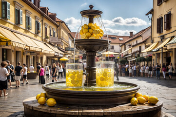 A water fountain with yellow lemons and lemon juice in glasses inside it. The water is flowing down and creating a refreshing atmosphere. - obrazy, fototapety, plakaty