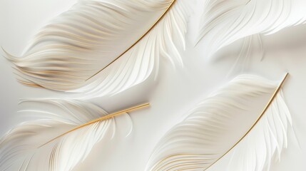 White and Gold Colored Feathers on White Background in the Style of Modern Baroque Delicate Flowers - Decorative Borders Innovative Page Design Shaped Canvas created with Generative AI Technology
