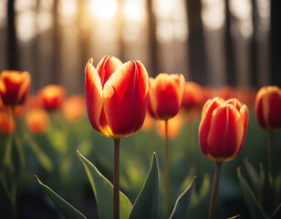 Fototapeta premium Red tulips against the backdrop of trees.