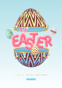 Happy Easter typography background with open sweet egg, colorful easter eggs and 3D text. Greeting card or poster. Vector illustration