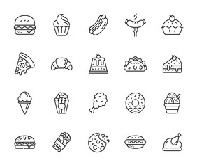 Fast food line icon set isolated on transparent background