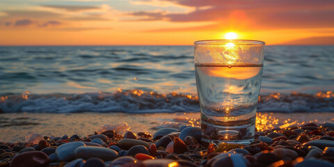 Organic pure fresh natural water. Healthy refreshing drink. A glass of pouring crystal mineral drinking aqua water on blurred nature beach sea ocean sunset sunrise landscape background - obrazy, fototapety, plakaty