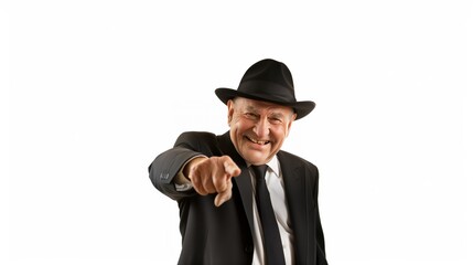 Obraz na płótnie Canvas Smiling old man in black suit and tie Wear a white hard hat. on a white background and pointed out his finger