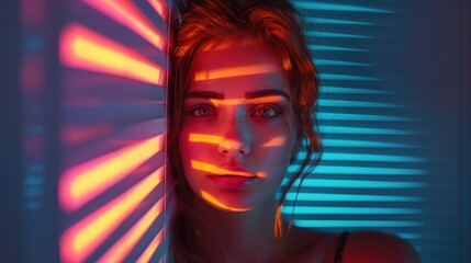 Night view of young woman with red and pink neon light lines Artistic concept of light and beauty of young woman	
