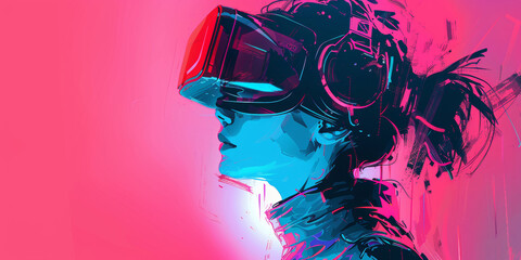 Cybernetic Vision: A Woman in VR Gear Against a Pink Background. Generative AI.