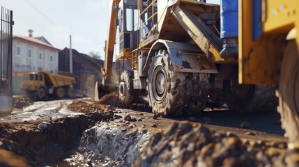 Obraz premium The arm of a large loader Shoveling soil in a construction area Improve the soil surface.