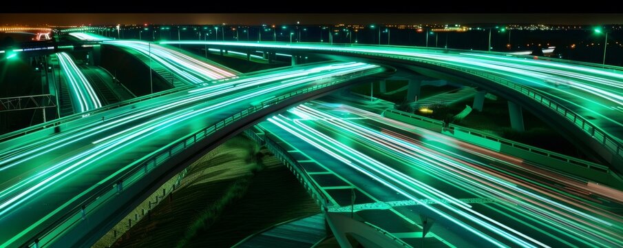 Futuristic neon roads powered by underground semiconductors and circuit boards guiding autonomous vehicles with glowing paths
