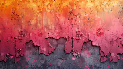 An abstract painting showcasing a rich texture and a bold contrast of blue, orange, and red hues with peeling layers.