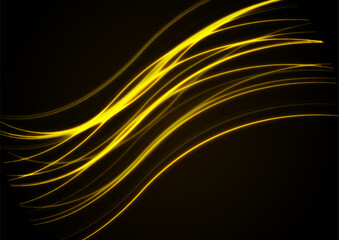 Bright yellow neon wavy lines abstract shiny retro background. Futuristic glowing vector design
