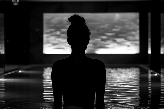 Woman with her back in a towel in a sauna, Infrared sauna and spa.