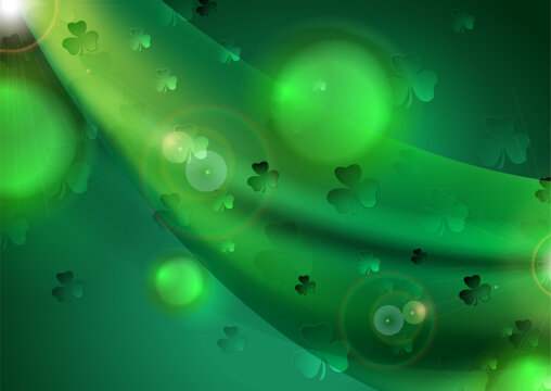 St Patrick Day emerald green abstract background with shamrock leaves, waves and glowing lights. Vector design