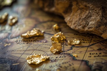 Natural gold nuggets displayed on a map with mining pan, symbolizing the search for wealth and the adventure of gold prospecting.
