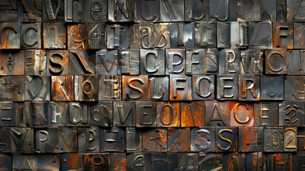 Old metallic letterpress type and symbols