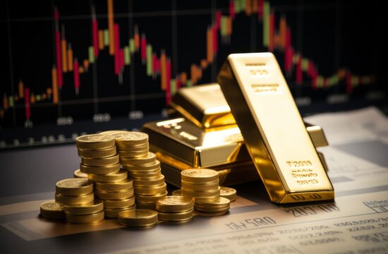 Stacks of gold coins and gold bars on a financial chart with candlestick patterns indicating market trends.