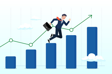 Businessman running up growth chart, business growth, challenge to success, career growing achievement, ambition or aspiration to achieve goal, development effort, improvement or winner step (Vector)