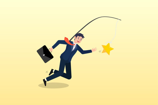 Ambitious businessman running with carrot stick trying to grab star prize award, motivation to success, incentive, reward to motivate employee, chasing for reward or work success, aspiration (Vector)
