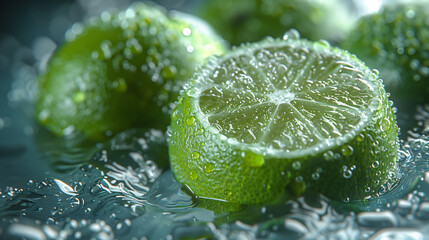 Close-up of fresh limes in water, bright and refreshing.