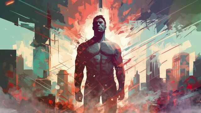super hero illustration in digital modern glitch art. seamless looping overlay 4k virtual video animation background 