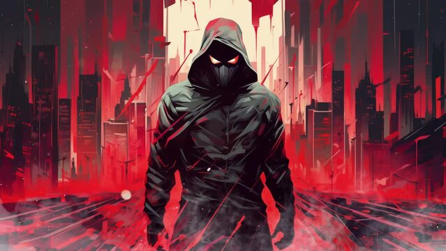 superhero illustration in modern digital glitch art with dark background . seamless looping overlay 4k virtual video animation background 