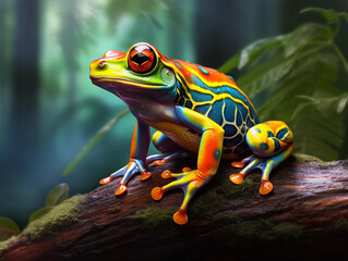Colorful frog on a branch in the forest, close up view 