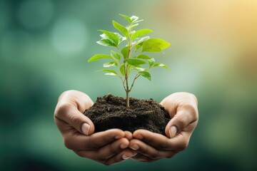 Young man holding a small tree in his hands. Ecology concept.