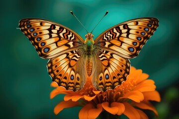 Close-up shot of a beautiful butterfly on a flower, A butterfly with wings spread sitting on a vibrant flower, symmetrical wing patterns of a butterfly