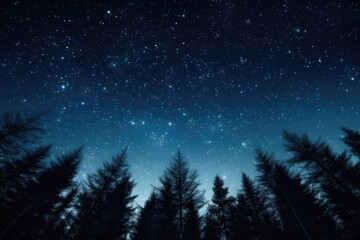 Naklejka premium A starry night sky over a symmetrical row of pine trees, the Milky Way aligned perfectly above the treetops, minimal light pollution, a gradient from twilight blue to the darkness of space