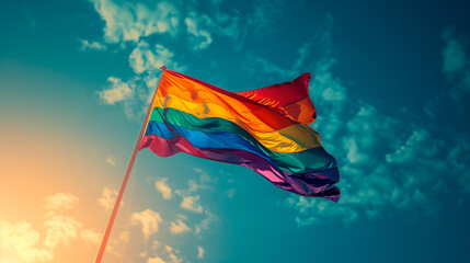 A gay pride rainbow flags in front of a blue sky.