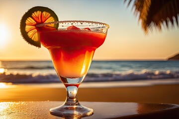 strawberry margarita with salt crystals clinging to the glass rim on beach sunset