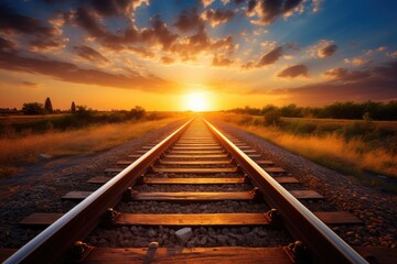 The sun setting right at the end of a railroad track - obrazy, fototapety, plakaty