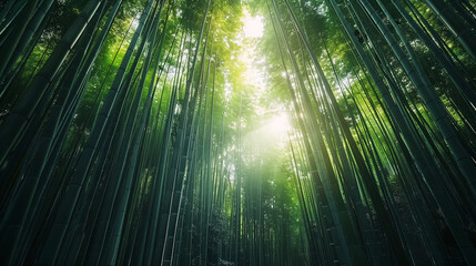 Looking up at bamboo forest at Arashiyama Bamboo Groove. - obrazy, fototapety, plakaty