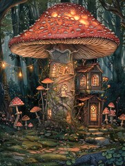 A magical mushroom house nestled within the embrace of an enchanted forest