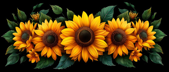 several beautiful sunflowers with green leaves