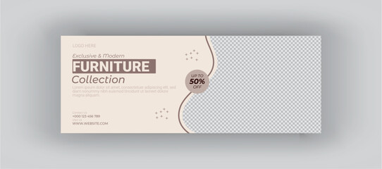 Exclusive and modern furniture collection horizontal poster, social media template design. soft gray minimal color with image or furniture frame poster