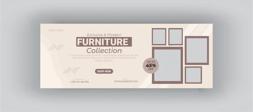 Exclusive and modern furniture collection horizontal poster, social media template design. soft gray minimal color with image or furniture frame poster