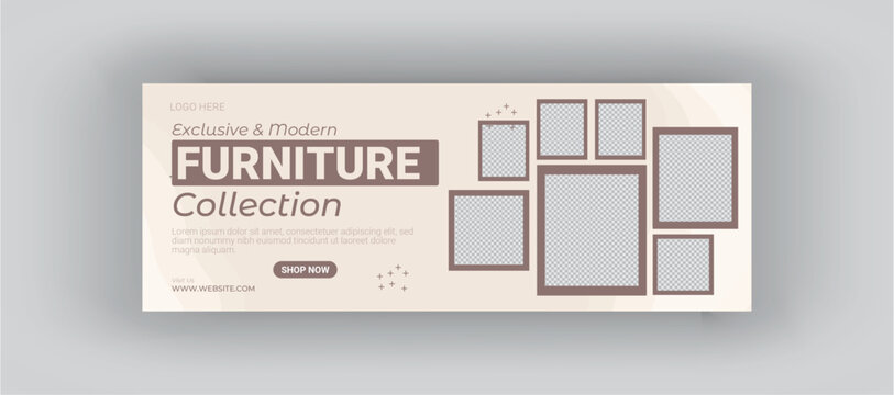Exclusive and modern furniture collection horizontal poster, social media template design. soft gray minimal color with image or furniture frame poster