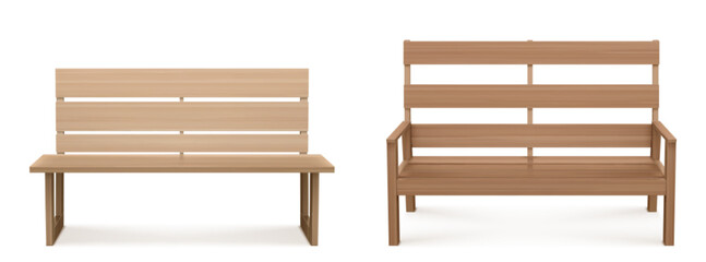 Wooden bench for park or backyard decoration. Realistic vector illustration set of front view on wood long seat made of planks. Empty garden or street chair. Light brown urban exterior furniture.