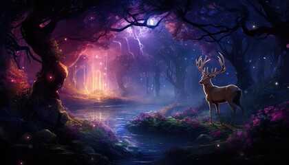 Magical deer in the fantasy forest at midnight