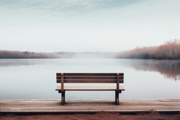 Fototapeta na wymiar Photograph of an empty bench overlooking a calm lake, bench on the lake