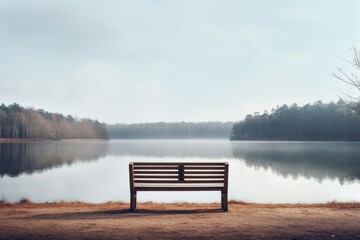 Morning on the lake, Photograph of an empty bench overlooking a calm lake, bench on the lake
