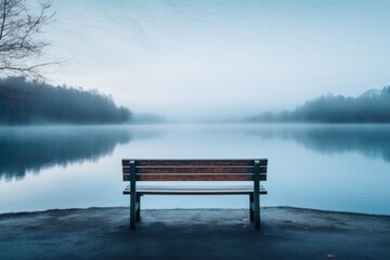 Photograph of an empty bench overlooking a calm lake, bench on the lake