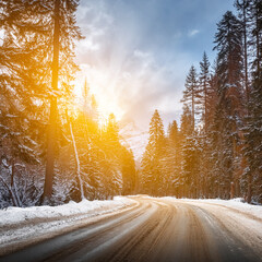 empty road through the winter mountain forest at sunset