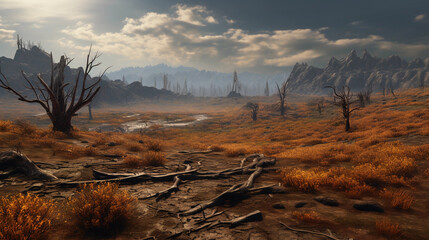 Devastated scorched earth in the valley, burnt trees, burnt vegetation and grass. 3d illustration 