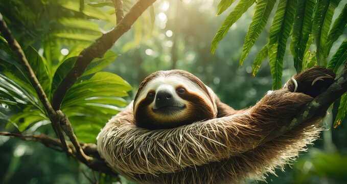 A cute Sloth in the green forest hanging on the branches of a tree