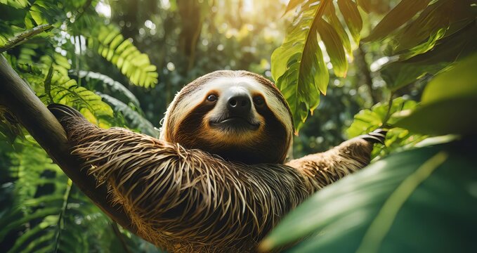 A cute Sloth in the green forest hanging on the branches of a tree