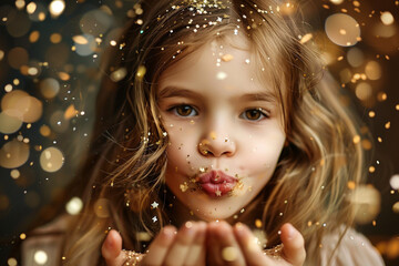 Girl child Blowing gold spark