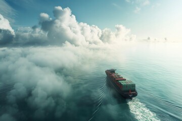 Container Cargo Ship Amongst Clouds and Calm Sea at Dawn.