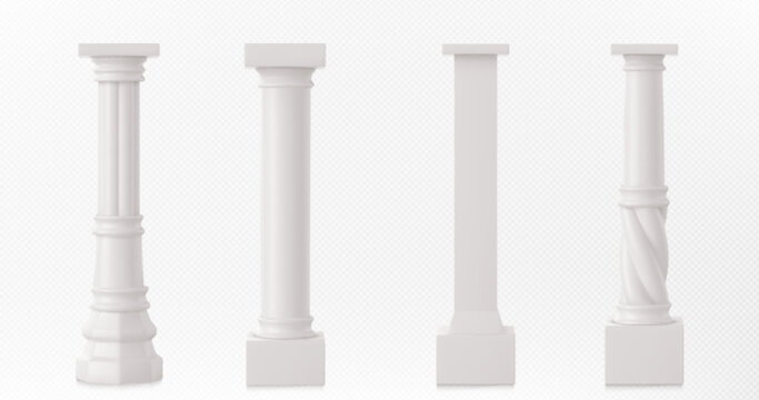 Ancient roman column made of white clay. Realistic 3d vector illustration set of greek stone pillar of temple building. Antique marble colonnade for historical construction decorative facade design.