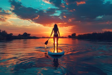 Silhouetted Paddleboarder on Serene Lake at Sunset. - obrazy, fototapety, plakaty